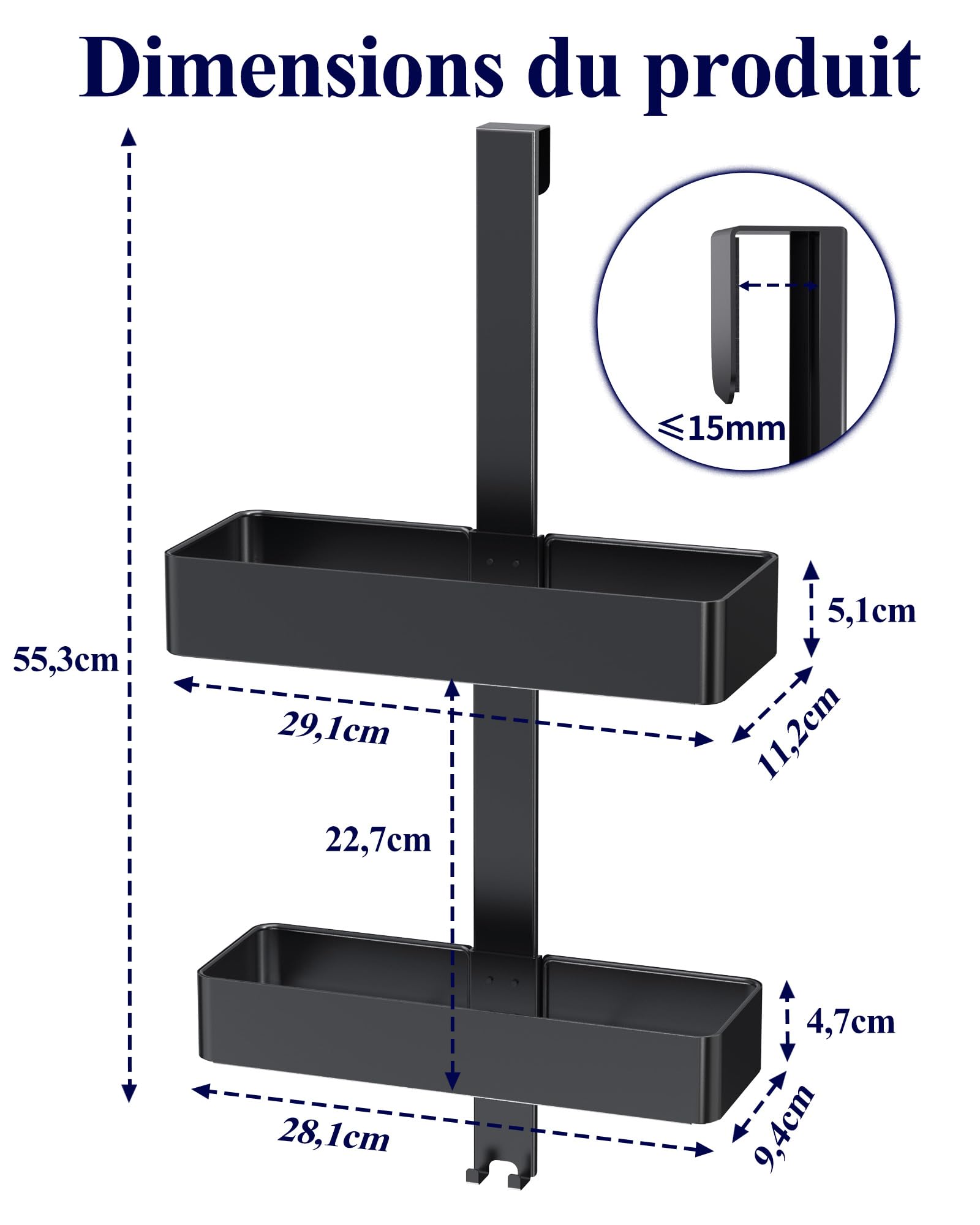 Kitsure Étagère Douche Suspendue 2 Niveaux sans Perçage Antirouille Rangement Salle de Bain Noir 29,1 x 11,2 x 55,3 cm