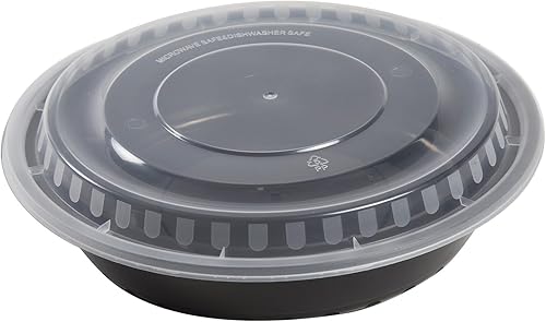 AmerCare Recipientes redondos de plástico negro de 9 pulgadas con tapas, 48 onzas para microondas o congelador, paquete de 150