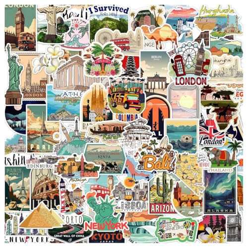 AFCJLTO Lot de 100pcs Voyage Autocollants en Vinyle Imperméables,Scrapbooking Voyage Valises Stickers,autocollant aesthetic pour Bagages Skateboard Guitare...