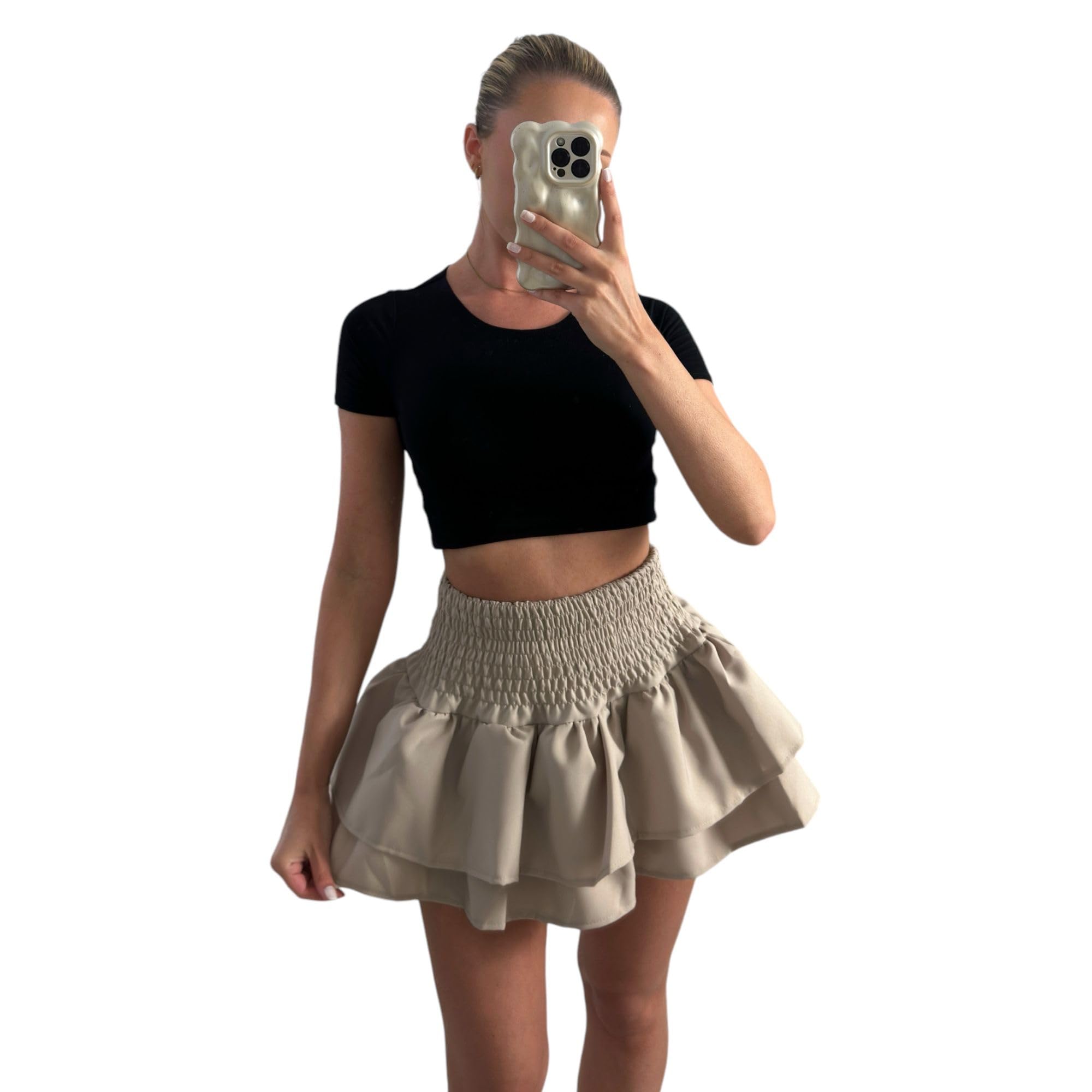 Gostyles Women's Plain Beige Gostyles® High Waisted Frill Mini Rara Short Skirt - Tartan Check Pleat Gathering Mini Party Skirts (, 14)