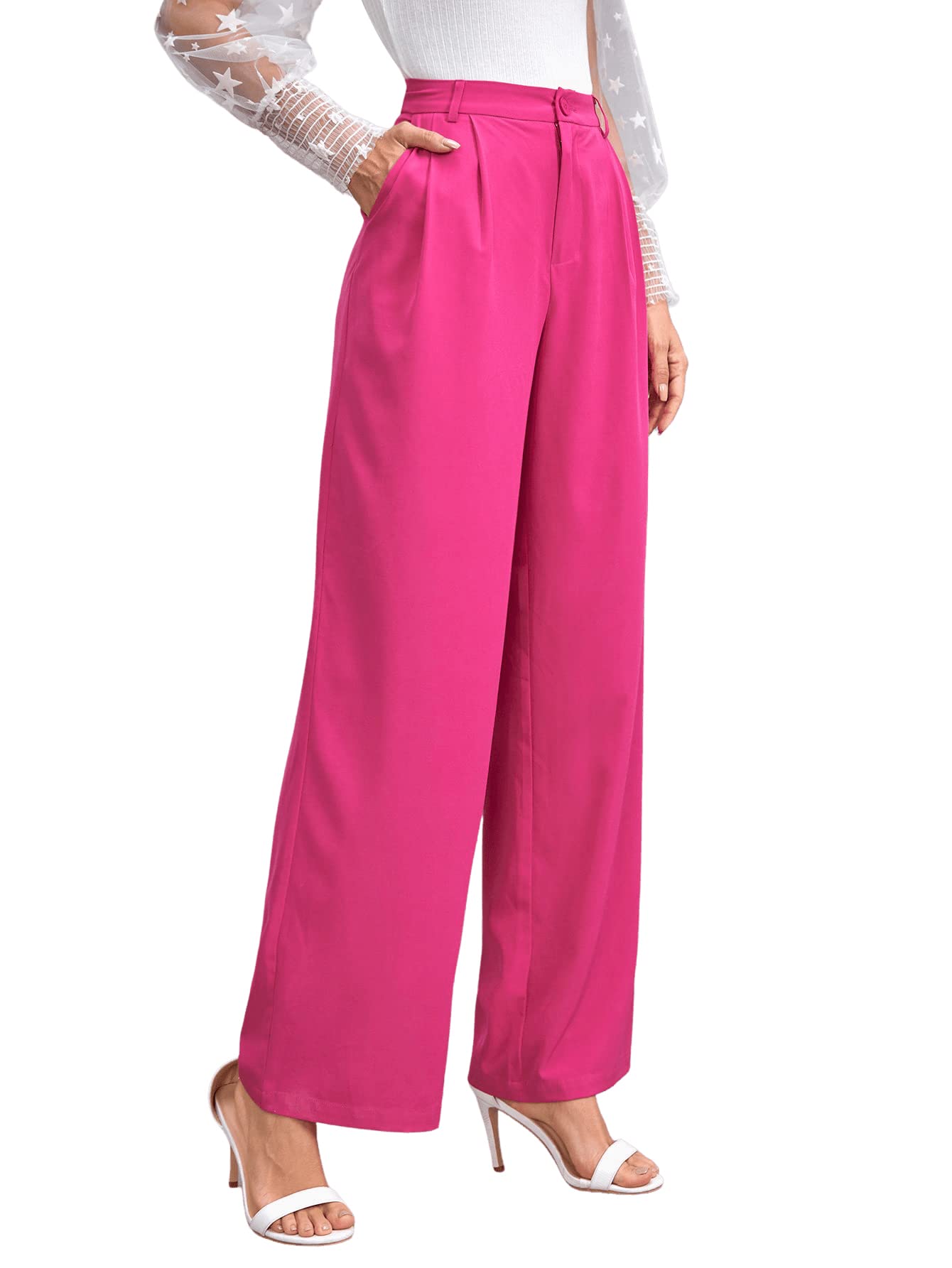 SweatyRocks Women's Casual Wide Leg High Waisted Button Down Straight Long Trousers Pants