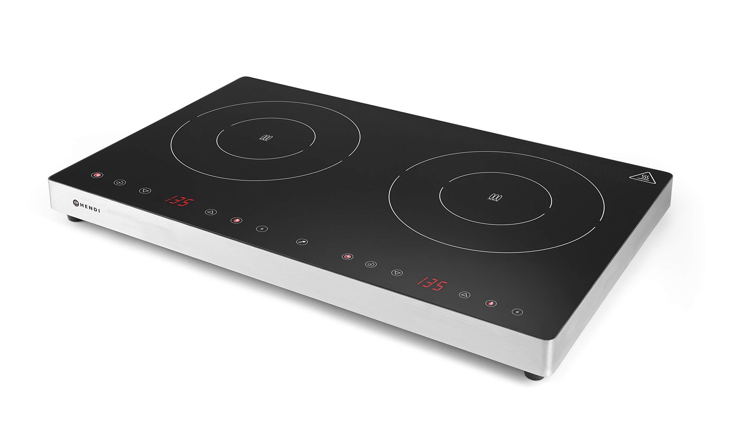HENDI Piano cottura a induzione doppio, fornello induzione, portable, controlli touch sensitive, funzione timer e Boost, 35-240 °C, 230V, 3500W, 608x370x(H)61 mm, argentato, acciaio inossidabile