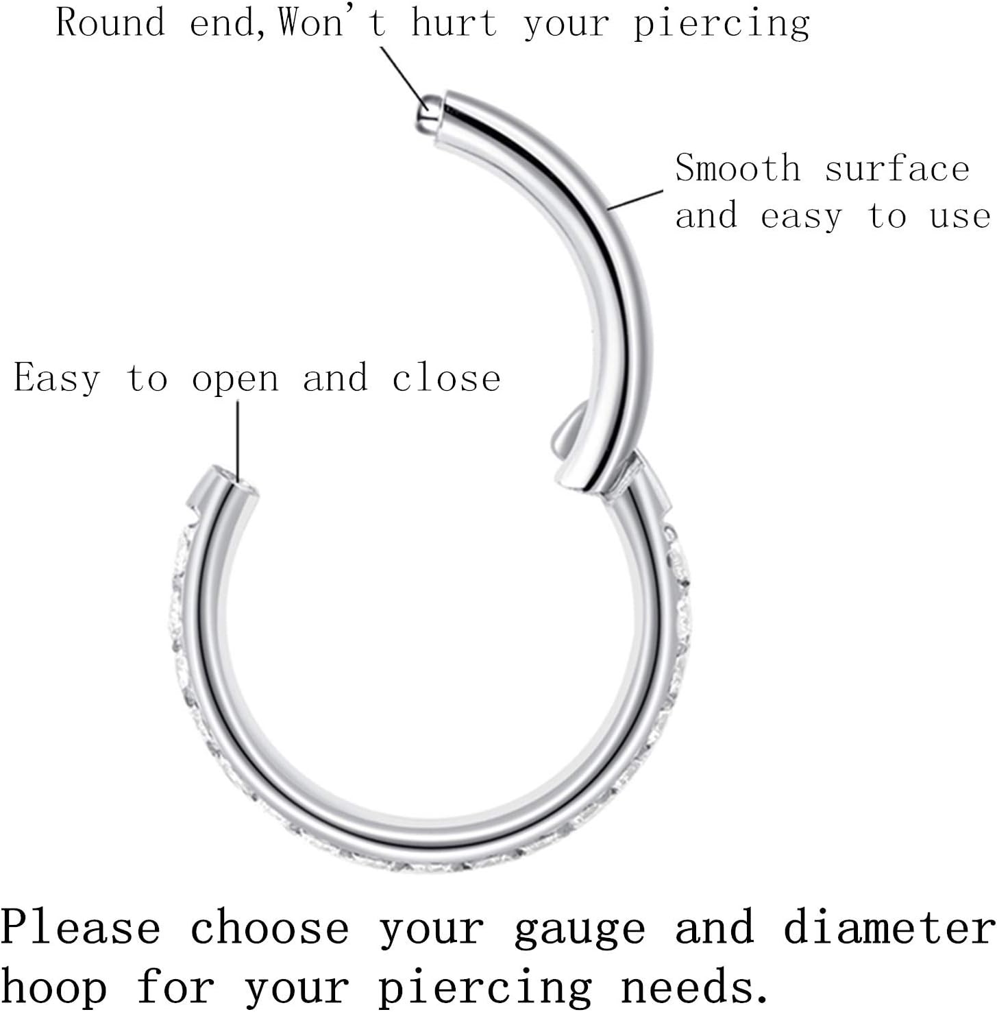 316L Surgical Steel Seamless Nose Ring Cartilage Hoop Silver/Gold/Rose Gold/Black 16G 18G 20G 6mm-12mm CZ Paved Helix Rook Tragus Lobe Body Pierecing Jewelry Segment Clicker Lip Rings Rook Earrings - Image 2