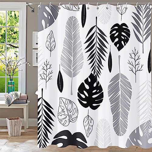 Shower Curtain,Tropical Black White Leaf Shower Curtains for bathroom,Grey Palm Leaves Abstract Plant Shower Curtain Set,Waterproof Fabric Cloth Shower Curtains,Bathtub Curtain with Hooks72x72in