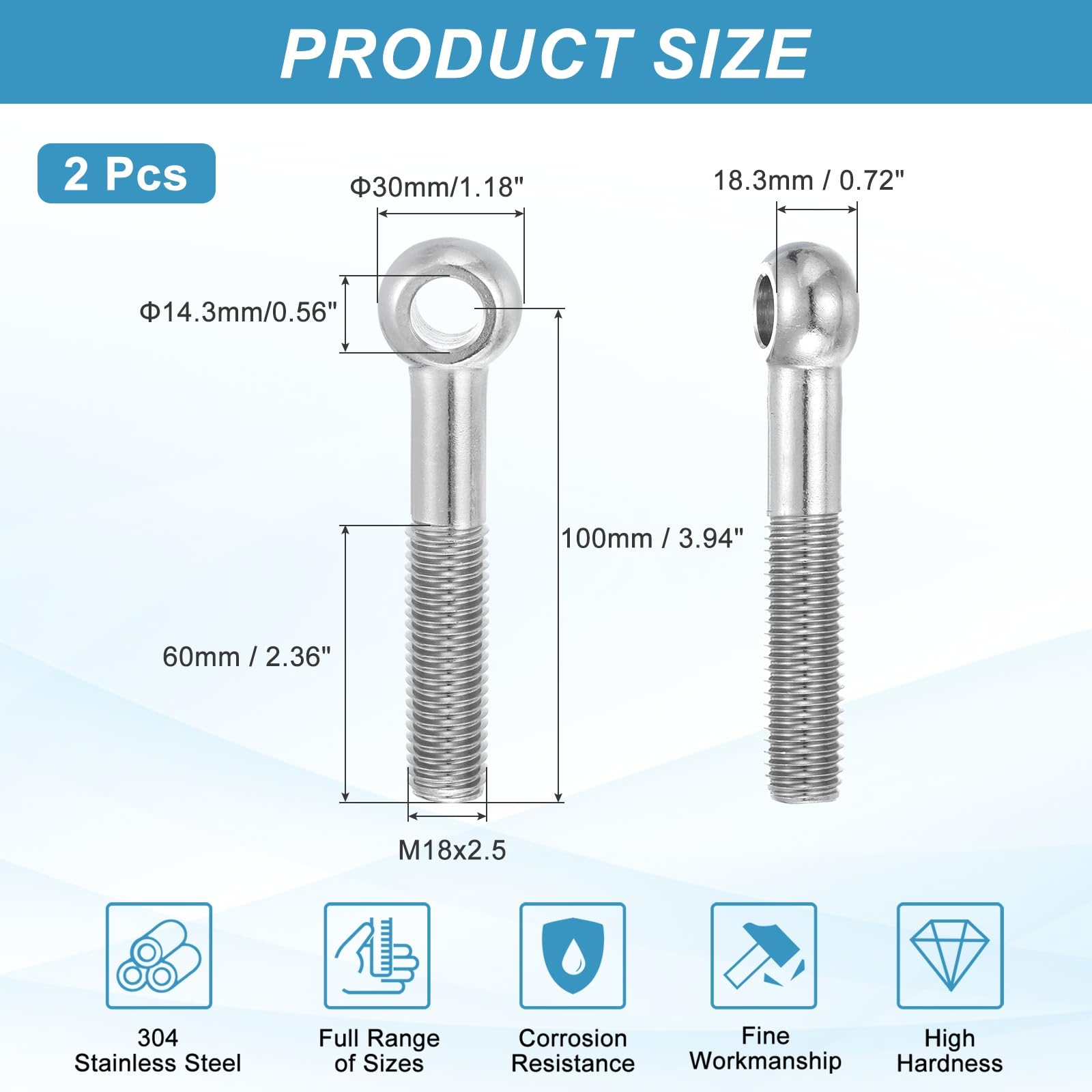 PATIKIL 2 Pcs M18x100mm Shoulder Swing Lifting Eye Bolt - Image 2