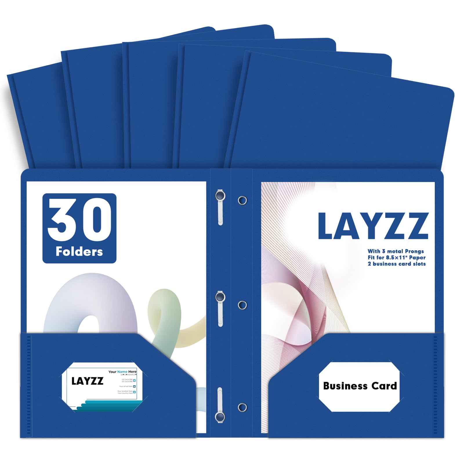 LAYZZ Plastic 2 Pocket Folders with Prongs, 30 Pack, Heavyweight, Letter Size Poly Folders with 3 Metal Prongs Fastener Clips (Blue)