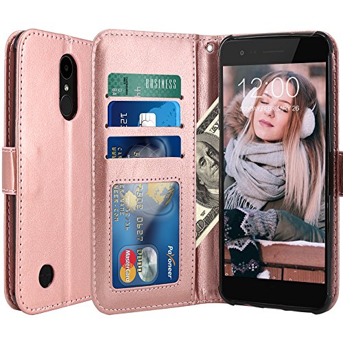 LG K20 V Case, LG K20 Plus Case, LV V5 Case, LG K10 2017 Case, LK Luxury PU Leather Wallet Flip Protective Case Cover with Card Slots and Stand (Rose Gold)