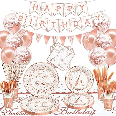 180 PCS White Rose Gold Party Supplies Rose Gold & White Party Decorations Girls Birthday Decorations Dinnerware Set Rose Gold Birthday Plates Cup Napkin Banner Tablecloth Balloon garland kit Serve 20 Cover