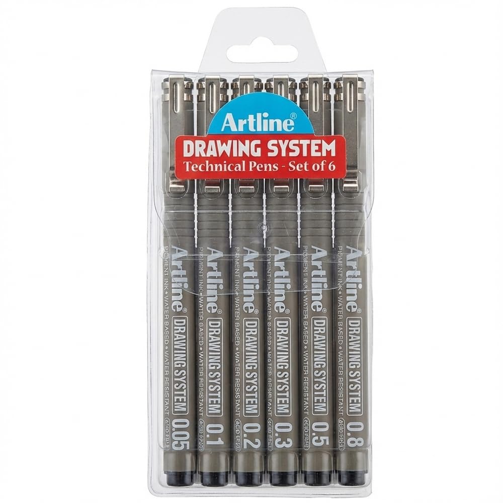 Artline Drawing System Pen Pack of 6 | Black Colour - 0.1mm, 0.2mm, 0.3mm, 0.5mm, 0.05mm, 0.8mm Fine Tips | Technical Drawing Pens For Drafting, Illustrating & More-image-8