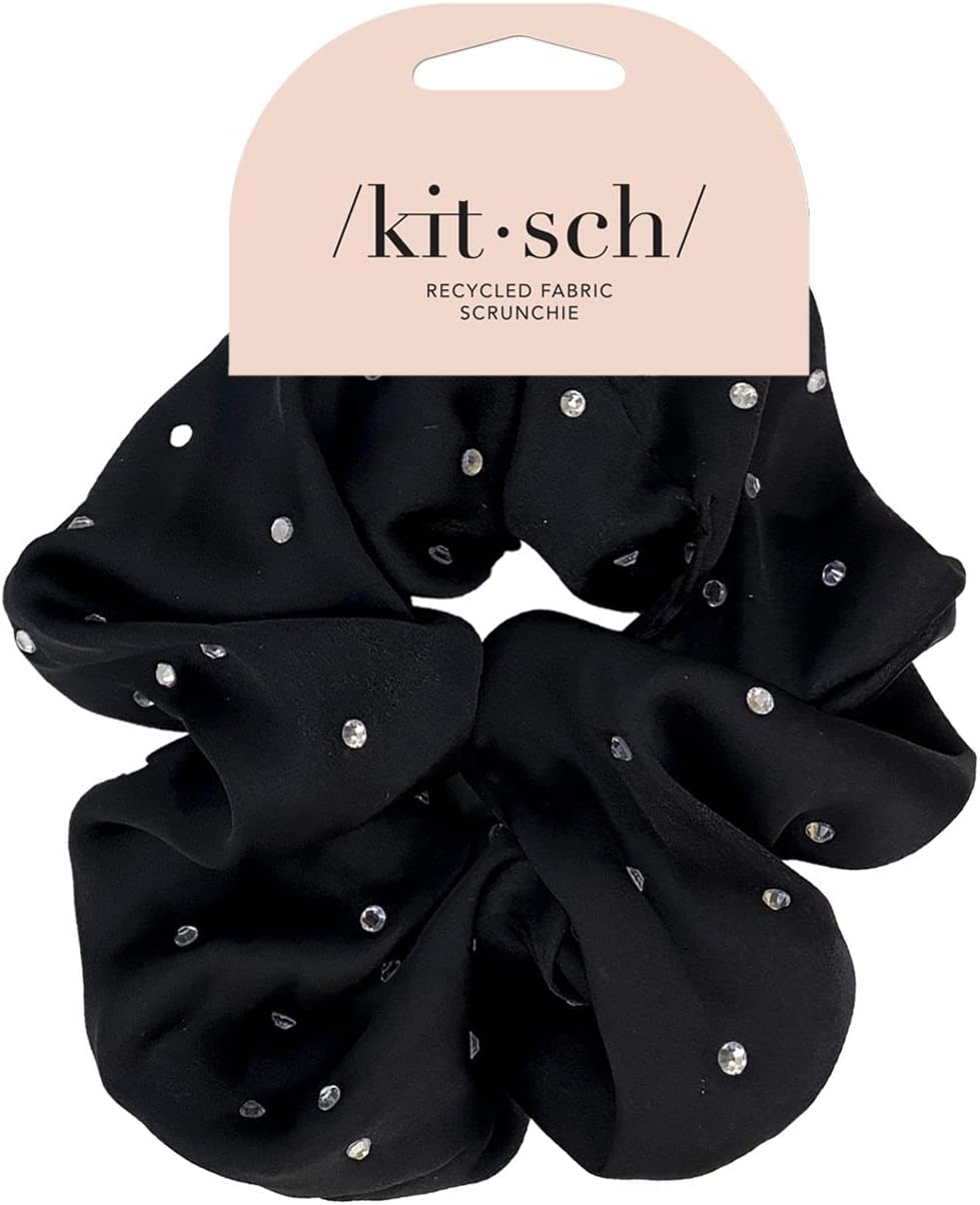 Satin Rhinestone Brunch Scrunchie - Hair Band, Hair Scrunchies for Girls, Scrunchy Hair Ties for Women, Hair Accessories for Women, Black Hair Ties for Thick Hair, Bridal Party Gifts - Black