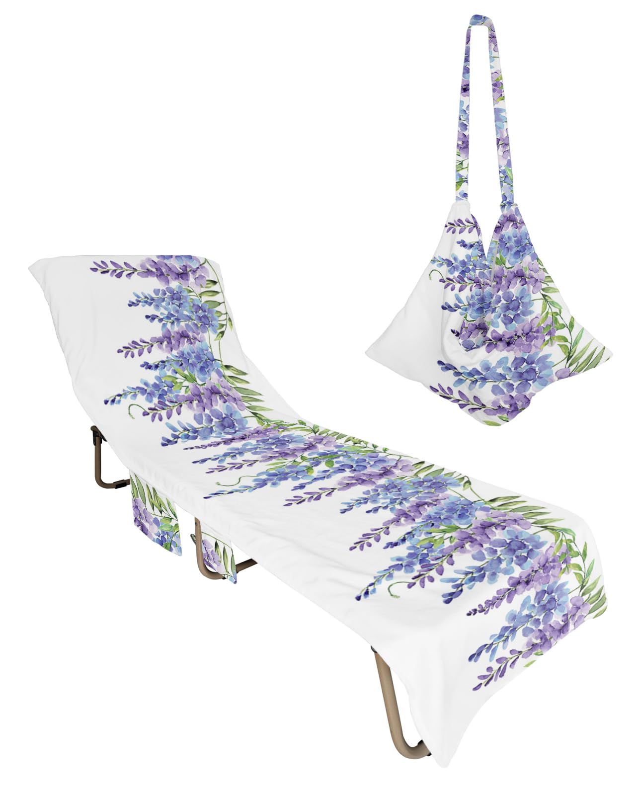 Spring Floral Beach Chair Towel Covers for Chaise Lounge with Side Pocket, Soft Plush Pool Towels Cover for Patio Sunbathing Outdoor 29''x85'' Watercolor Leaves Plant Butter-fly