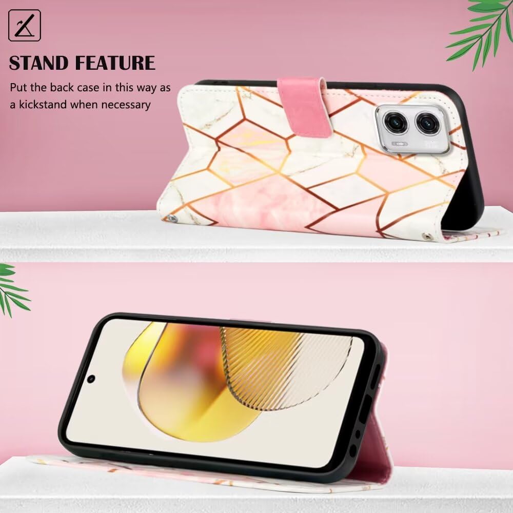 Lvnarery Motorola Moto E14 / G04 / G24 Case,Marble Pattern PU Leather Shockproof Wallet Phone Case with Stand Magnetic Money Pouch Folio Silicone Bumper Gel Protector Cover Pink & white - Image 4