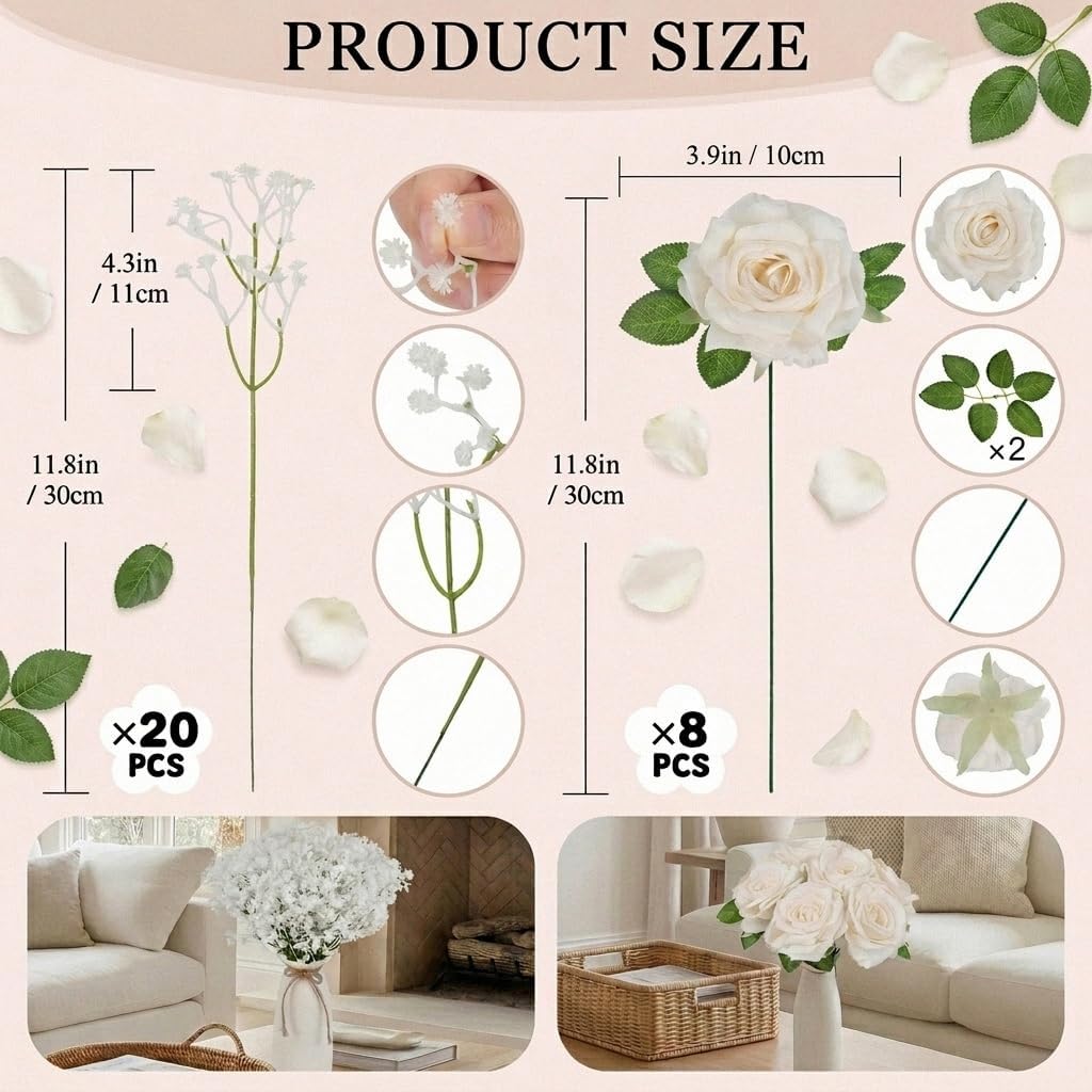 8 Pcs 5" Large Artificial Roses Head with Stems & 20 Babys Breath Fake Flowers Bulk Faux Rose Flowers Floral Arrangement with Leaves for DIY Bouquet Home Wedding Table Centerpieces Vase Decor( White)