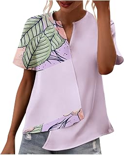 QI_LIANG Womens Tops Dressy Casual, Classic Crop Cozy Short Sleeve Tops Womans Outdoor Summer Fit Cotto Blouses V Neck Floral Patchwork T Shirt Womans Purple