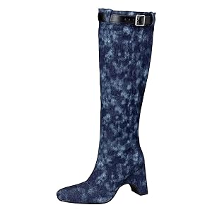 Womens Fashion Knee High Boots Square Toe Super High Strange Heel Slip On With Metal Belt Buckle For