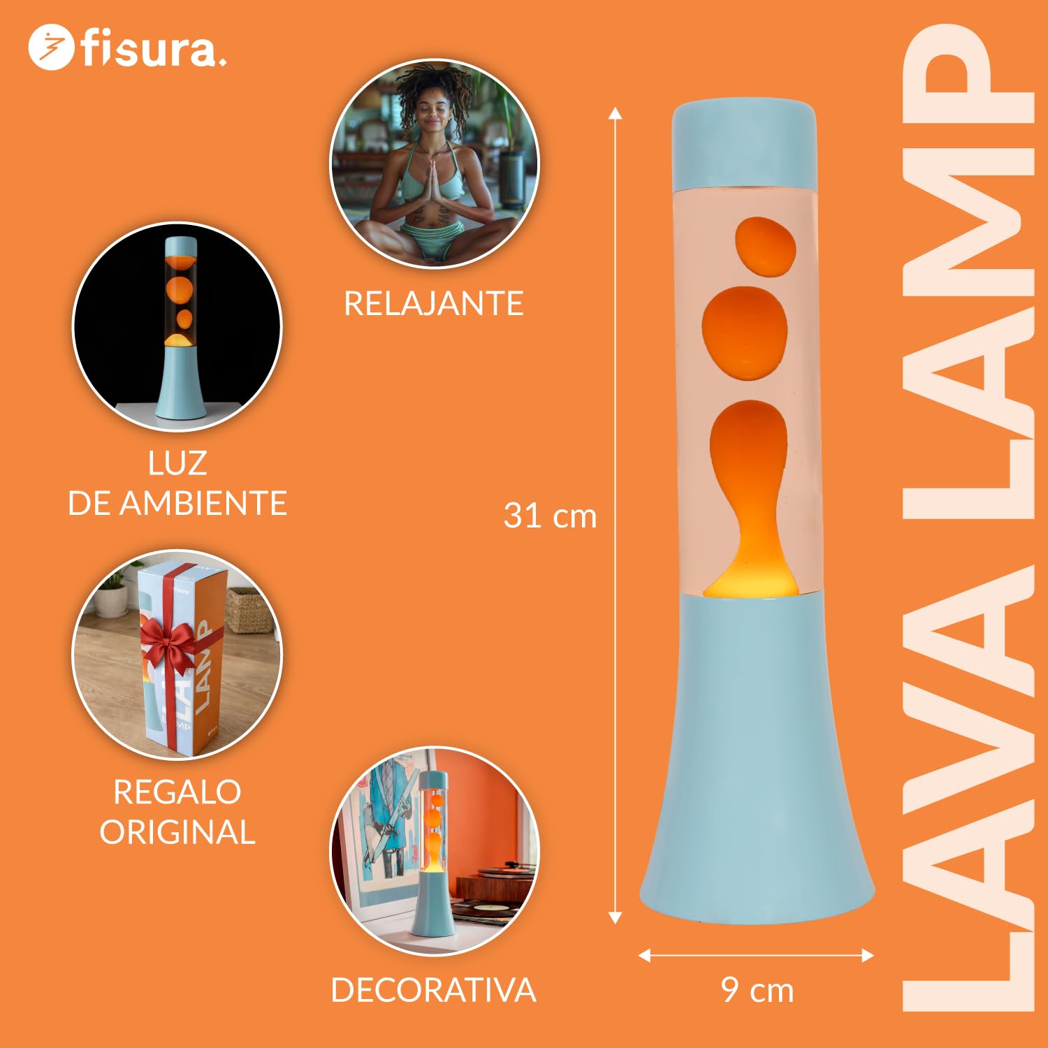 Fisura - Lámpara de lava azul y naranja de 30 cm. Lámpara decorativa relajante. Diseño original para hogar. Regalo original retro. Base azul y líquido naranja. 9x9x30 centímetros.