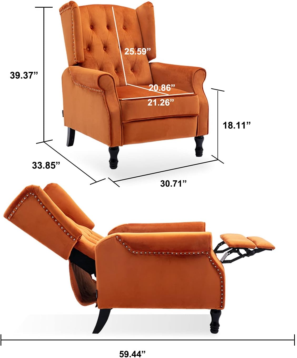 Velvet Accent Chair, Push Back Recliner Chair, Wingback Arm Chair for Living Room/Bedroom/Home Theater/Reception Area, Caramel