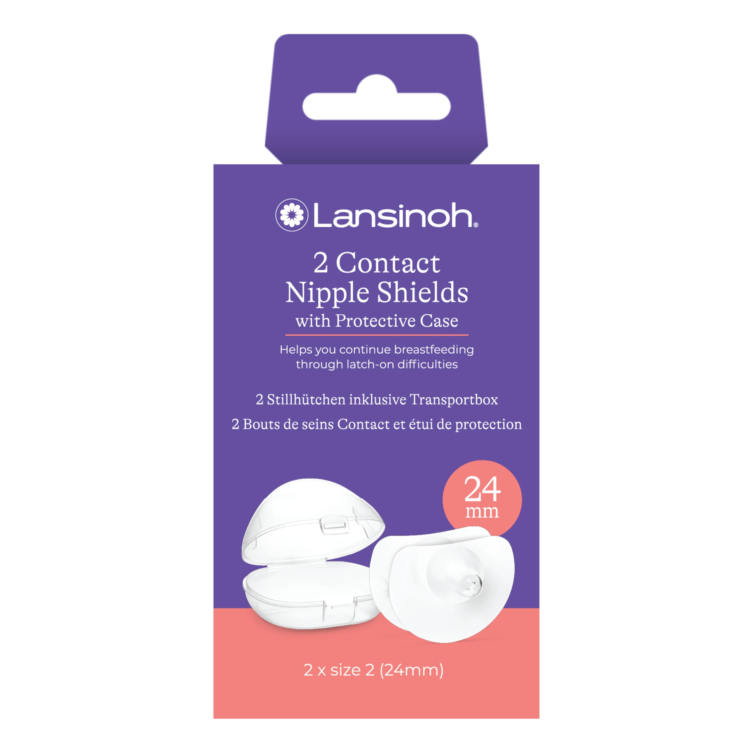 Lansinoh bouts de sein allaitement taille 2 (24 mm) x2 + étui – Silicone ultra fin sans BPA/BPS – Aide à la mise au sein pour mamelons plats ou ombiliqués – Préserve le contact peau à peau.