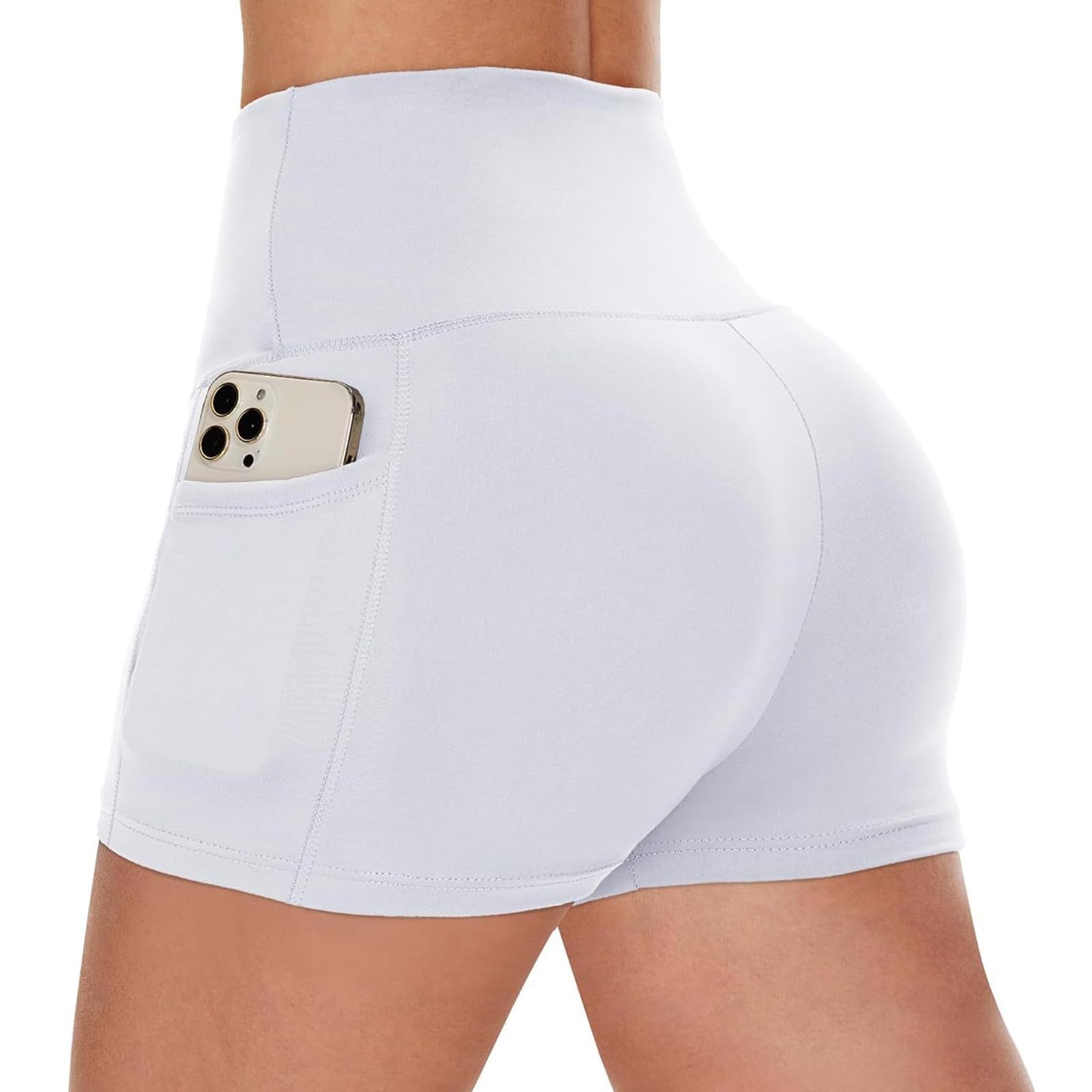 Women's Gym Shorts with Pockets High Waisted Sports Hot Pants Tummy Control Cycling Short Anti Chafing Mini Shorts for Ladies