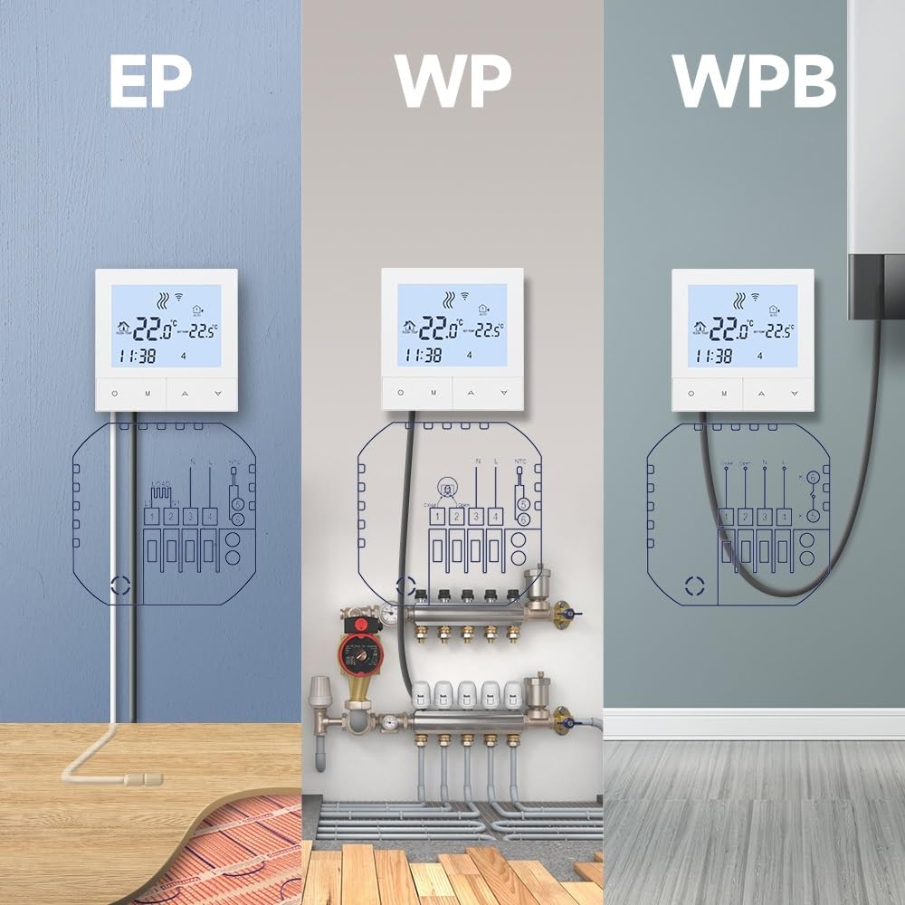 Termostato Inteligente WiFi for calefacción del hogar, Suelo Radiante eléctrico con Sensor, Controlador de Temperatura de Caldera de Gas FáCil De Usar(TDS72-WIFI-WPB)