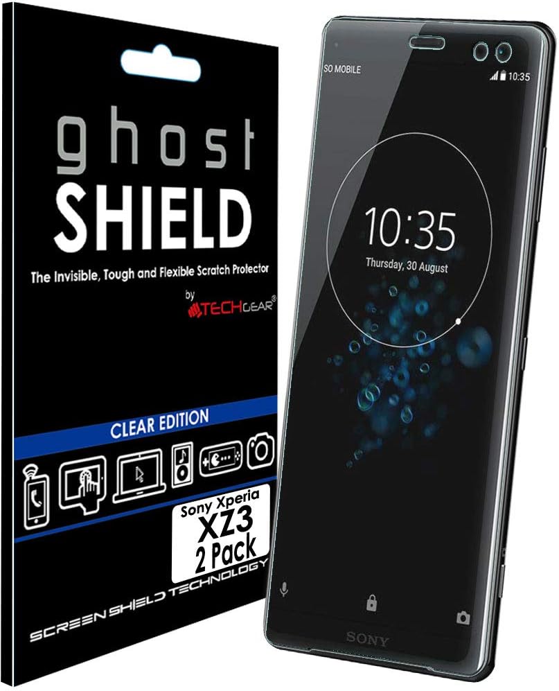[2 Pack] TECHGEAR Screen Protectors for Sony Xperia XZ3 [ghostSHIELD Edition] Genuine Reinforced TPU Screen Protector Guard Covers, FULL Screen Coverage including Curved Screen Area [Edges Protection]
