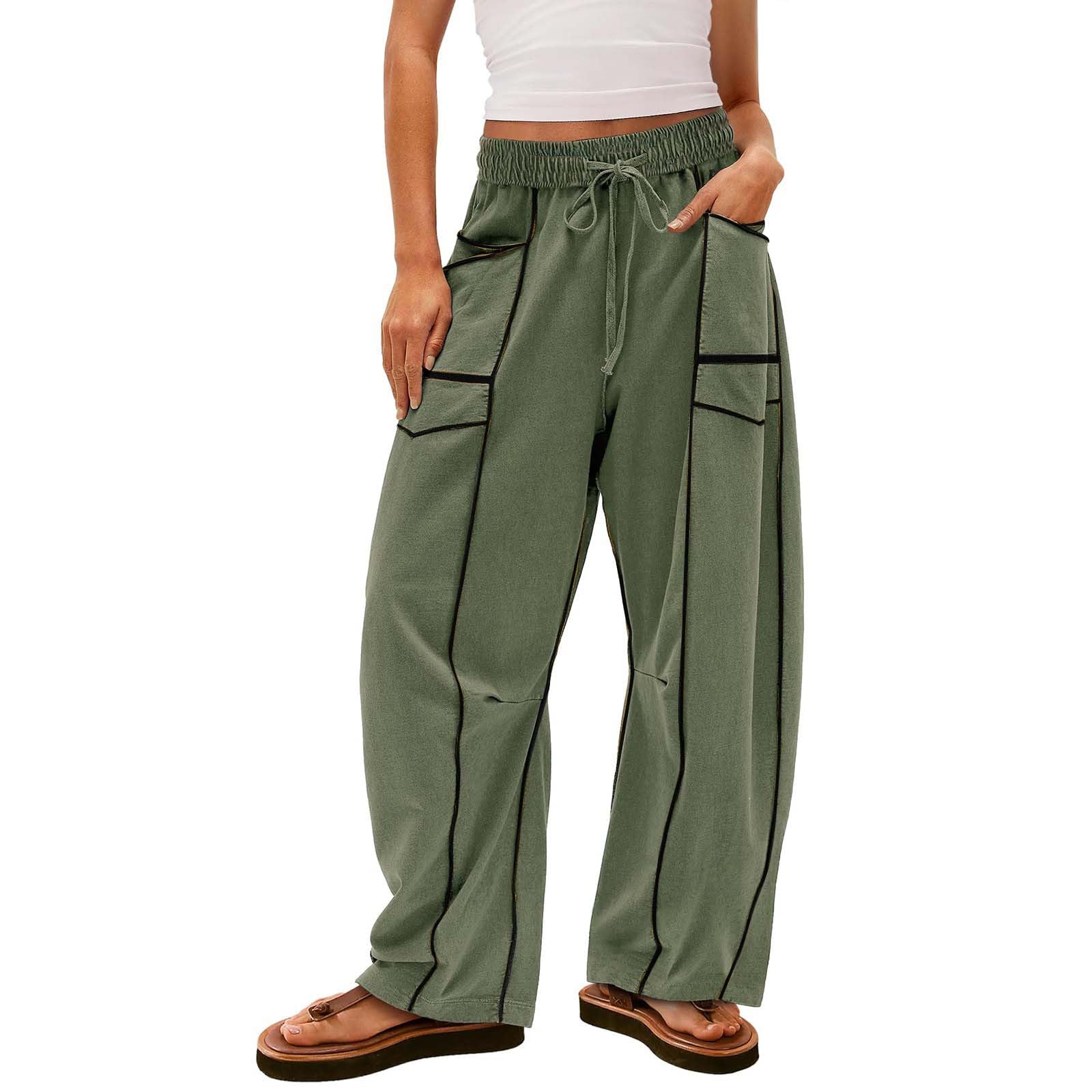 Barrel Pants Women High Waisted Drawstring Sweatpants Baggy Fall Lounge Pants Wide Leg Striped Trousers with Pockets
