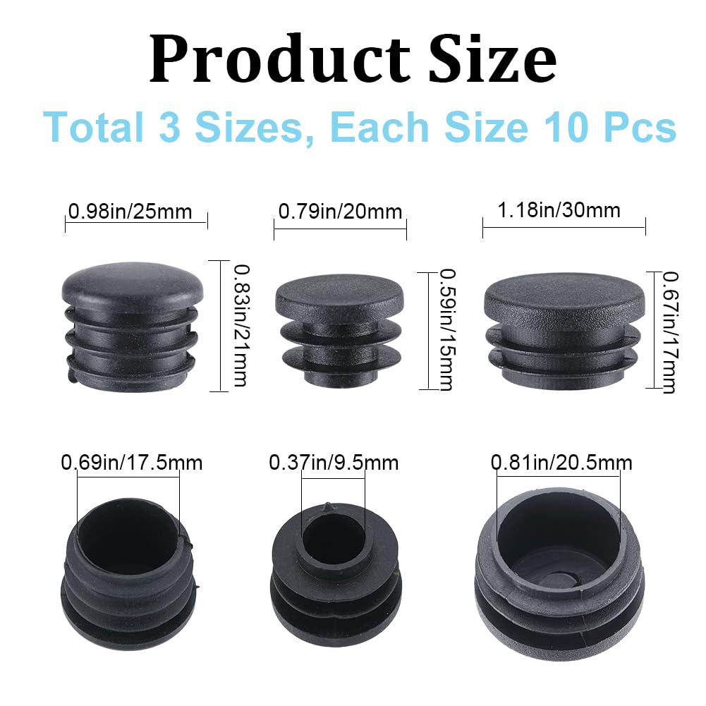 GORGECRAFT 30PCS 3 Sizes Round Plastic Hole Plugs 20mm 25mm 30mm Tubing Inserts Black End Caps Pipe Inner Plugs Fastener for Chair Leg Inserts Anti-Slip Ribbed Tube Furniture Fences Glide Protection - Image 2