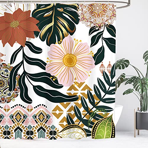 Yookeb Boho Floral Bohemian Flower Tropical Bathroom Shower Curtain Leaves Palm Summer Spring Colorful Mandala Polyester Fabric 12 Plastic Hooks Waterproof Decor #TOP2