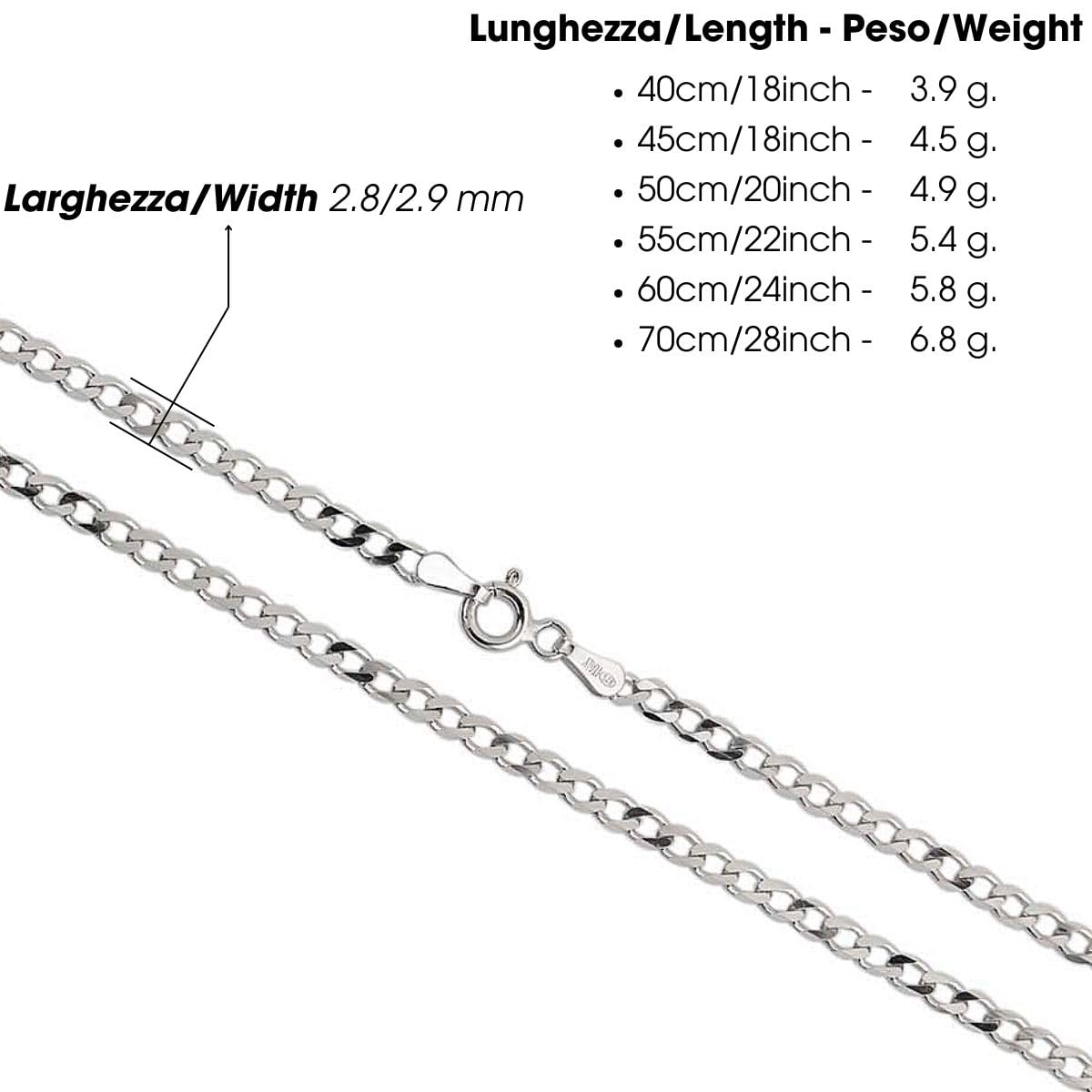 Aka Gioielli - Catenina Maglia Grumetta 3mm in Argento Sterling 925 Rodiato - Collana Argento Donna Uomo Lunghezza: 40 45 50 55 60 70 cm