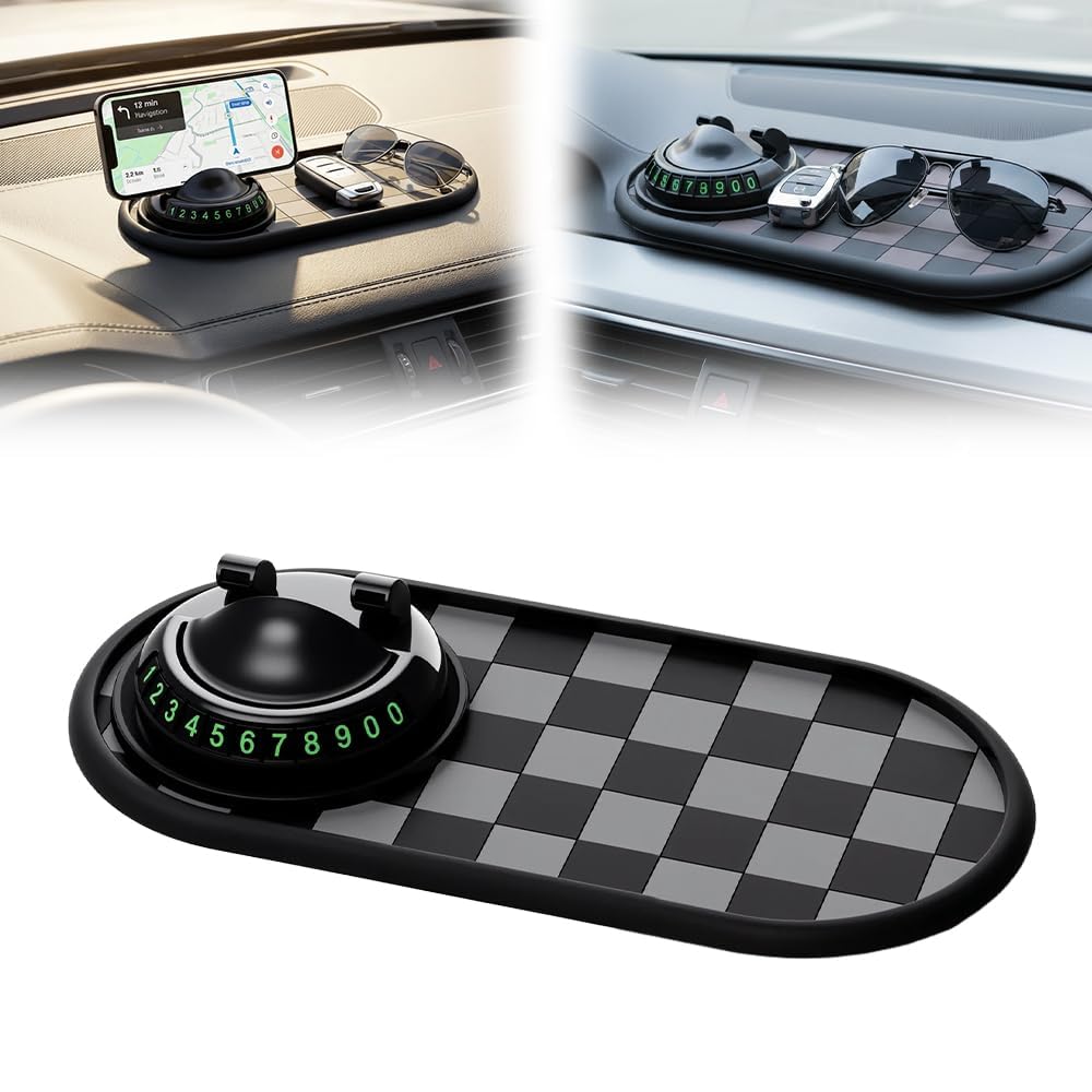 Multifunctional Car Anti-Slip Mat with 360° Rotating Phone Holder & Temporary Parking Number, Anti Slip Mat for Car Dashboard, Multi Functional Cell Phone Holder for Sunglasses Keys Small Items (#B) — view 9