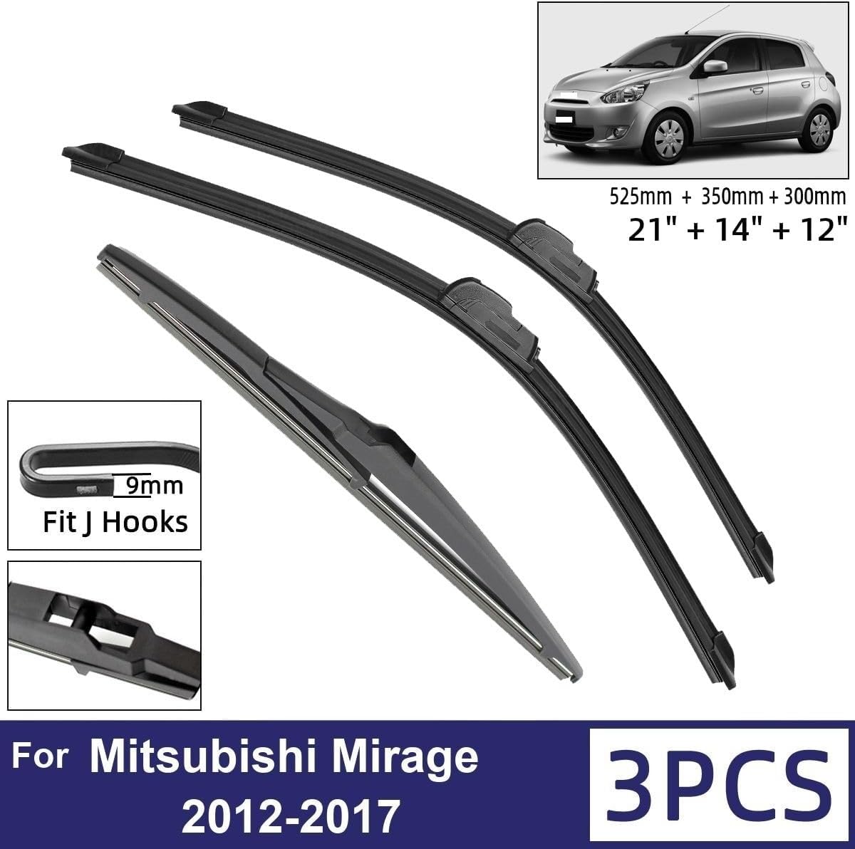 Car Wiper Compatible with Mitsubishi Mirage 2012-2017 Car Front Rear Wiper Blades Soft Rubber Windscreen Wipers Auto Windshield 21"+14"+12" 2015 2016 (Color : 6 wipers)
