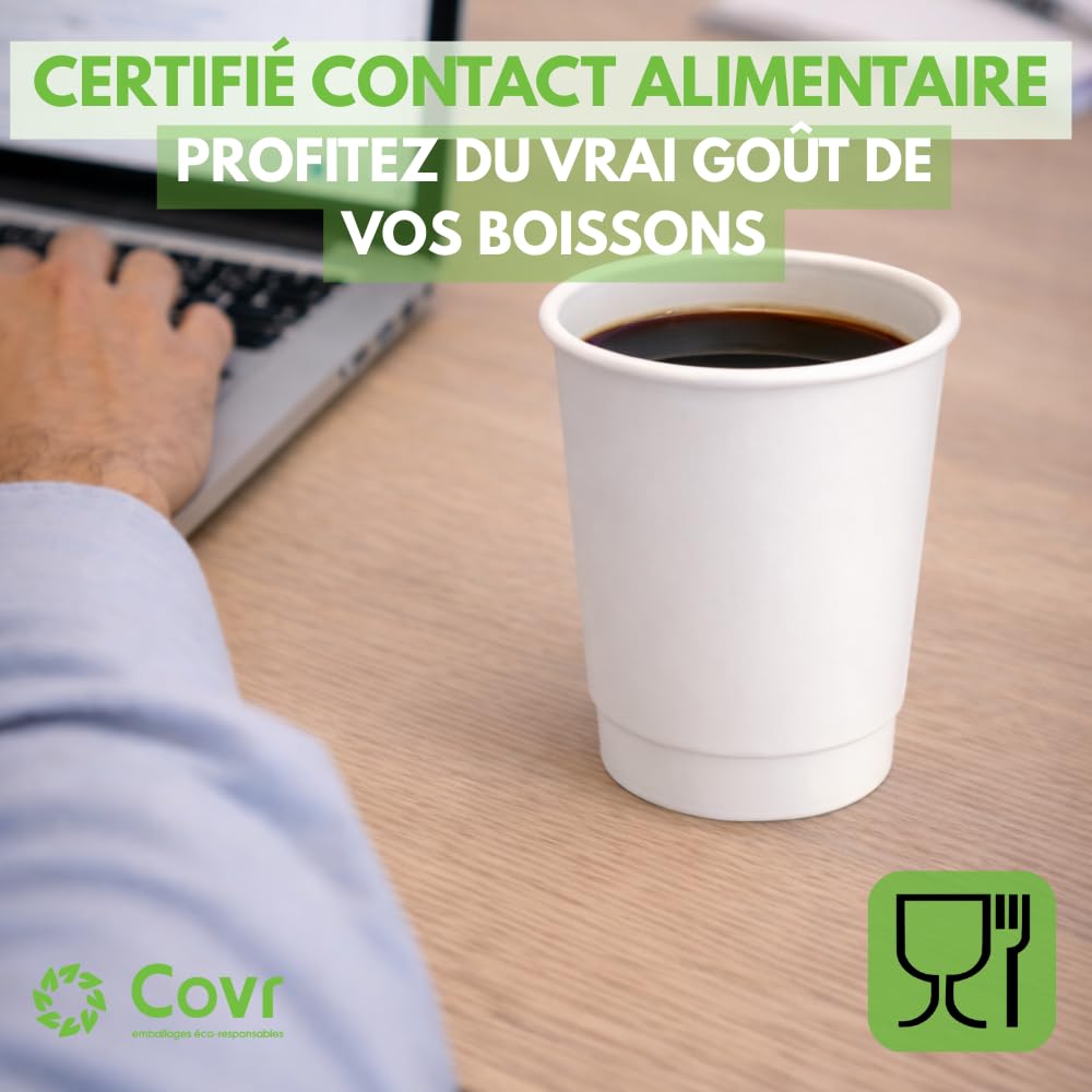 COVR 500 Gobelets Double Paroi 8 oz / 25 cl / 500 unités, Recyclables, Boisson Chaude et Boisson Froide, Solide et Bonne Prise en Main, Résistant