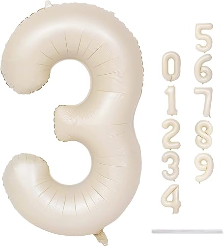 Miniatura 9 de Globos beige de 40 pulgadas con números grandes 3, globos de helio de dígito 3 de color blanco marfil autoinflables para terceras niñas, globos de