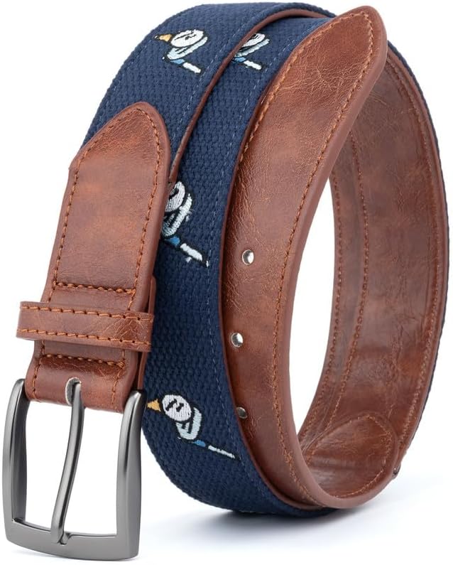 Men's Golf Belt - Embroidered Canvas & Faux Leather Hybrid Belt, Pin Buckle, Golf Gifts for Men, 1 3/8"