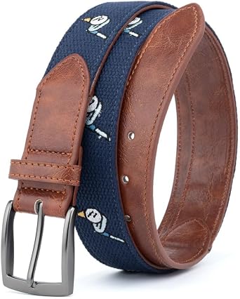 Mens Golf Belt - Embroidered Canvas & Faux Leather Hybrid Belt, Pin Buckle, Golf Gifts for Men, 1 3/8"