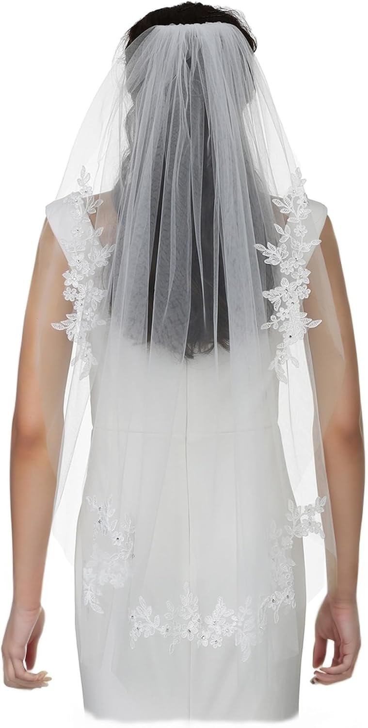 SAMKY Light Ivory Bridal Wedding Veil with Rhinestone Crystal Embroidered Lace Motifs - Fingertip Length 36"