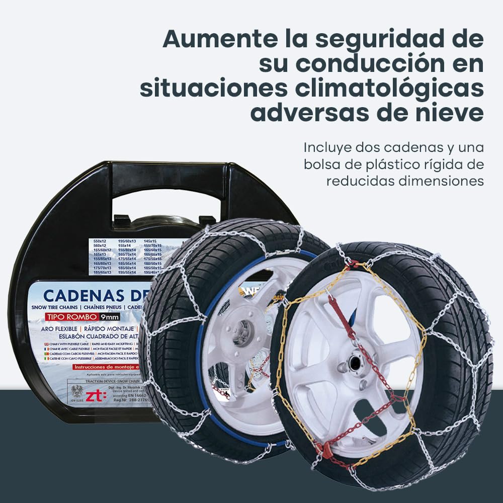 KRAWEHL - Pack de 2 Cadenas de Nieve para Coche - Cadenas de Metal Tipo Malla de Rombo - Eslabones de 9 mm - con Tensor Mecánico - Universal - Antideslizantes - Grupo 10