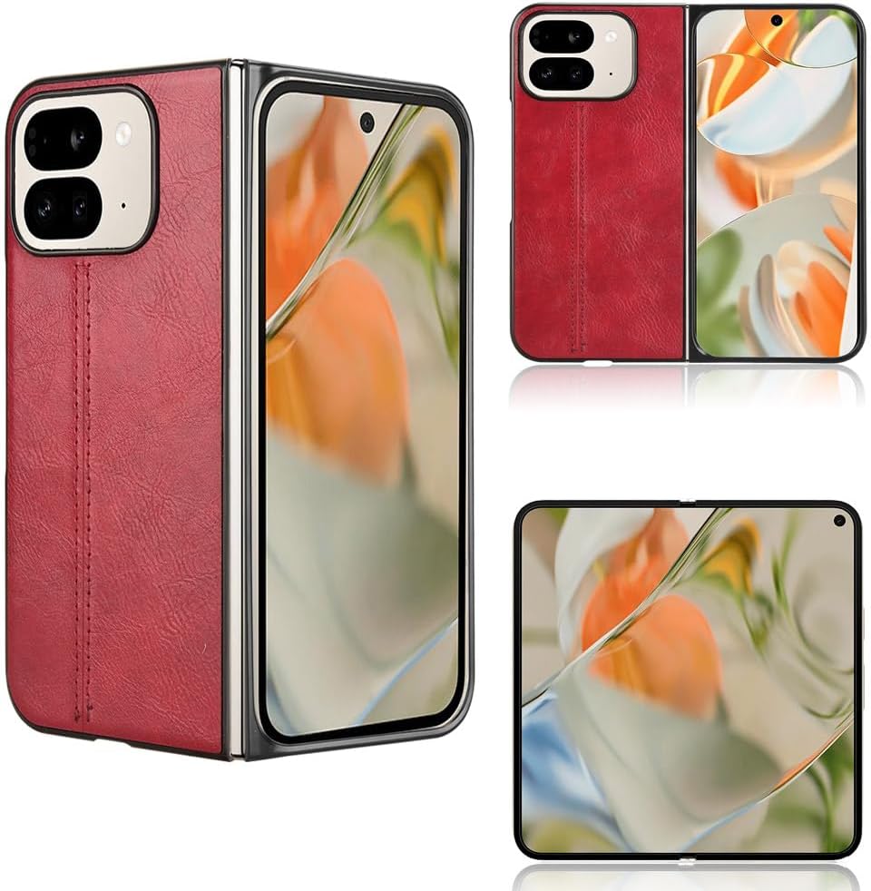 Case Compatible with Google Pixel 9 Pro Fold [PU Leather texture][PU+PC+TPU] 3 in 1 Camera Protection Cover Red