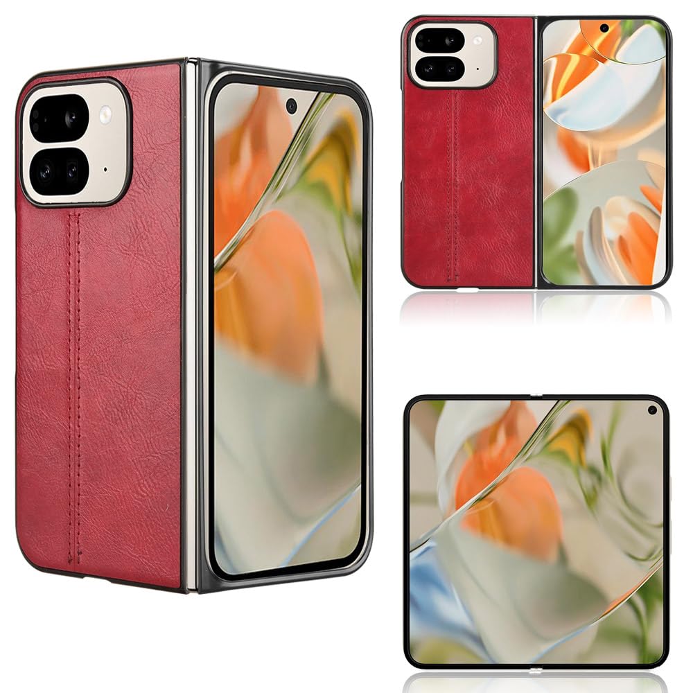 Case Compatible with Google Pixel 9 Pro Fold [PU Leather texture][PU+PC+TPU] 3 in 1 Camera Protection Cover Red