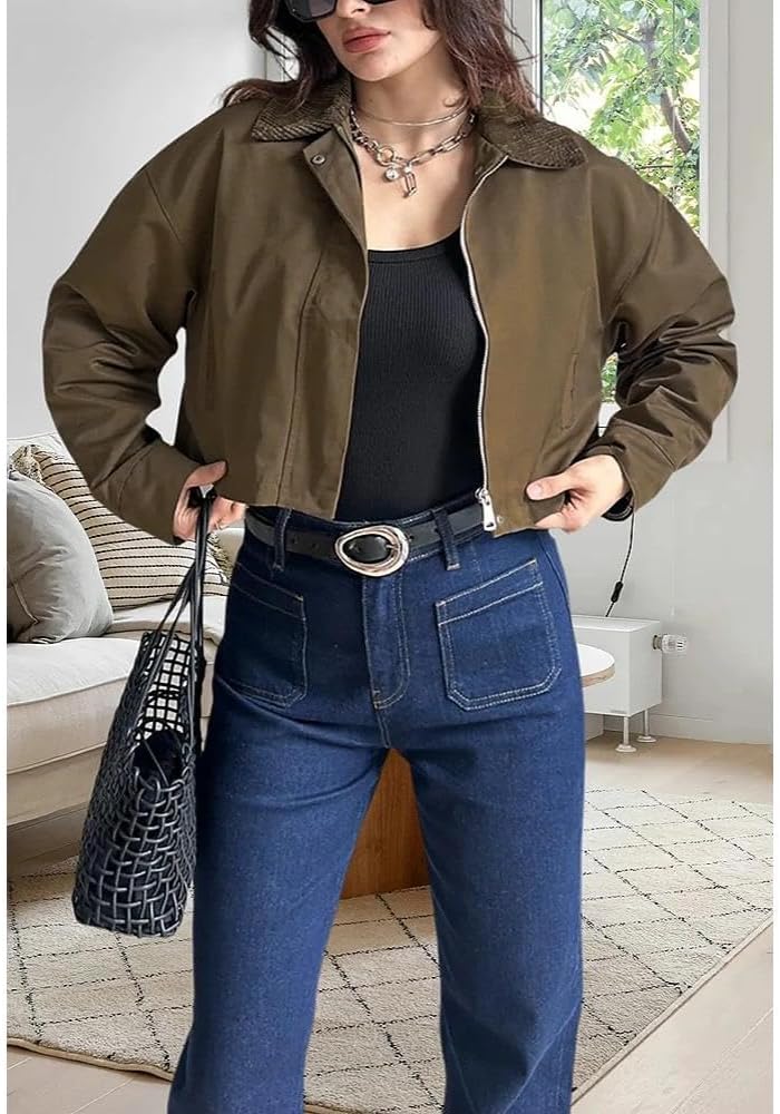 YouSexy Women's Cropped Bomber Jackets Long Sleeve Casual Zipper Up Coat Outerwear