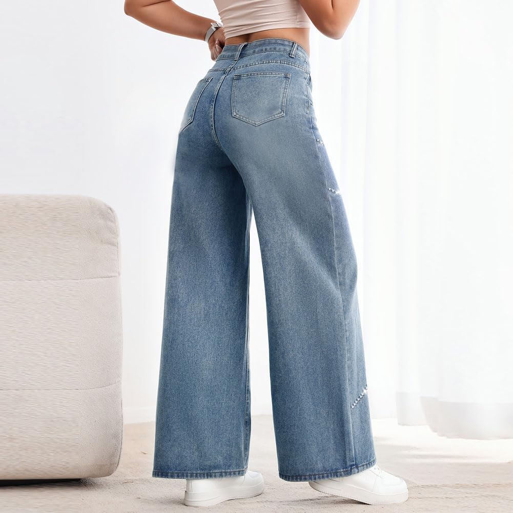 LAFOURAM Rhinestone Jeans for Women Straight Leg High Waist Going Out Bedazzled Bling Glitter Jeans