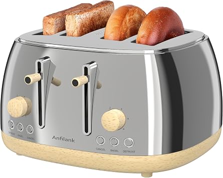 Anfilank Toaster 4 Slice,Retro Stainless Steel Toaster with Extra Wide Slots, Dual Independent Control Panel, Cancel, Bagel, Defrost Function, Removable Crumb Tray Silver