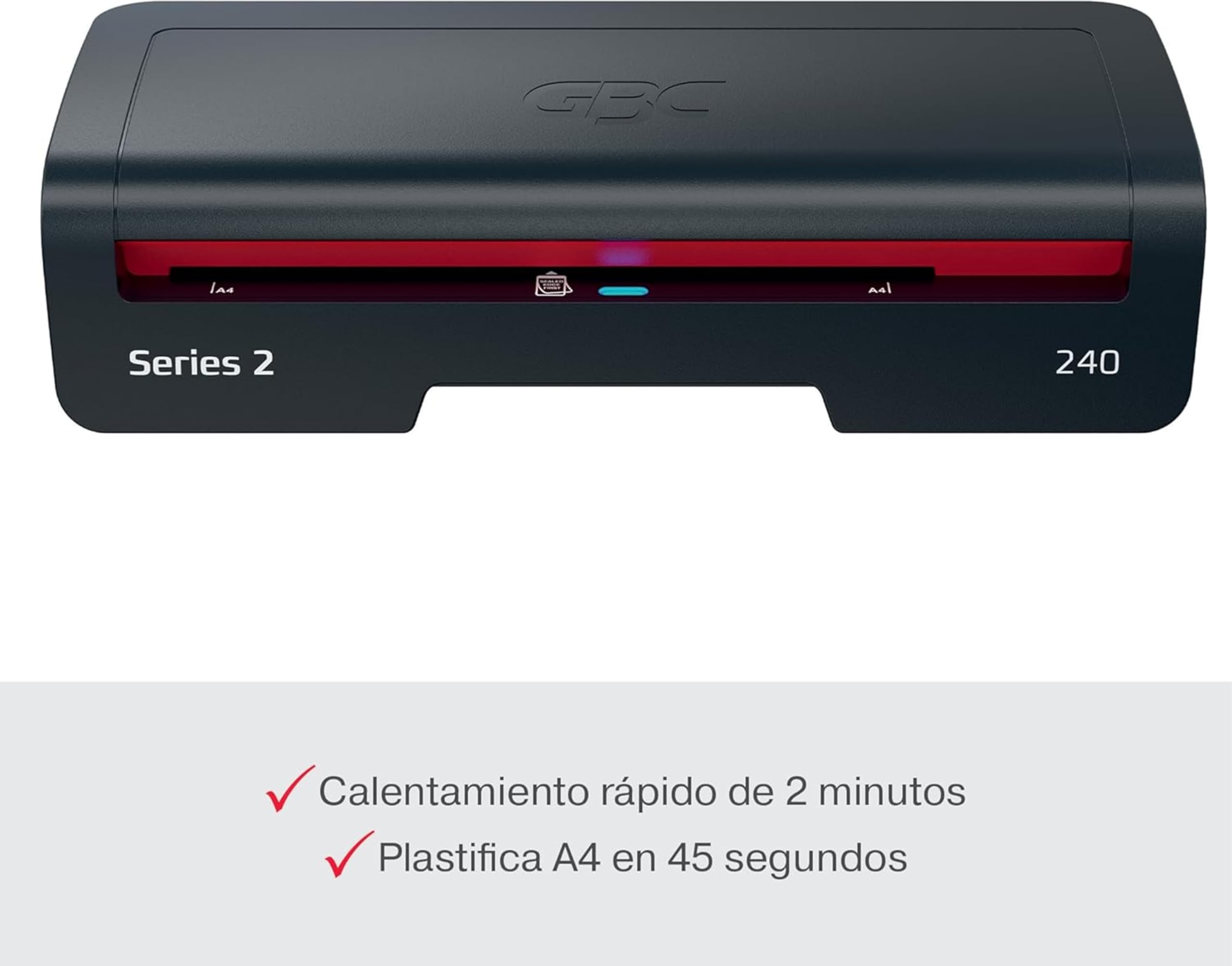 GBC 4410068EU - Plastificadora 240 Home Office A4, Calentamiento Rápido en 2 Minutos, 75-125 Micras, Antiatascos, Apagado Automático, Incluye 5 Fundas de Plastificación A4, Negro/Rojo