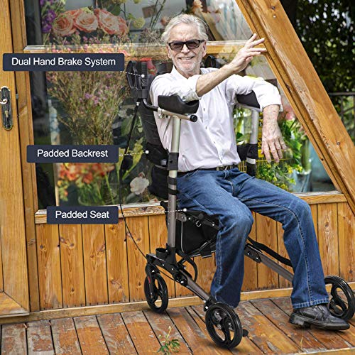 RINKMO Upright Rollator Walker for Seniors and Adults Stand Up Folding Walker with Seats and 8” Wheels, Padded Armrest and Backrest, Tall Rolling Mobility Aid with Basket