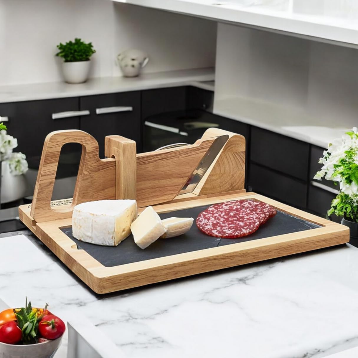 Trancheuse Saucisson Bois Guillotine Manuelle Coupe Charcuterie Multifonctions Plateau Ardoise Pochon