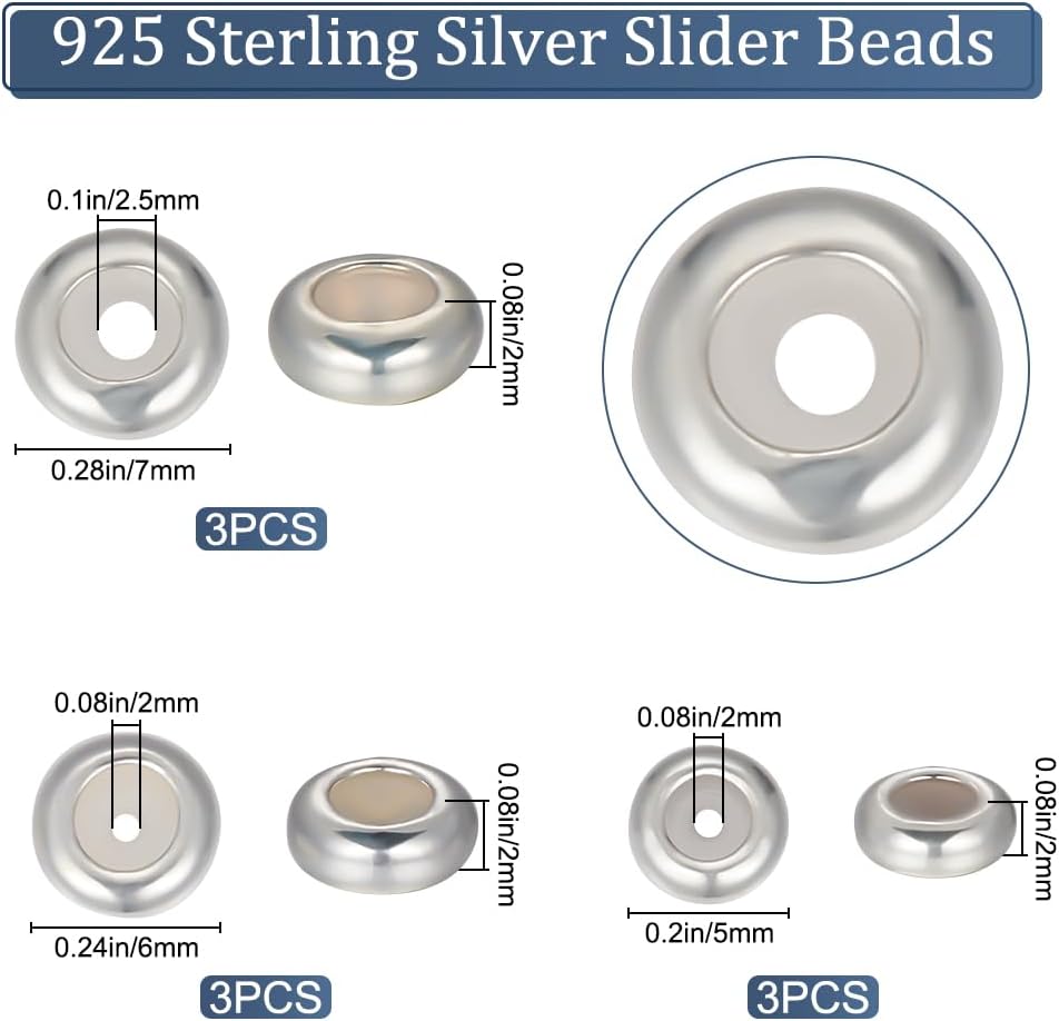 Beebeecraft 9Pcs 925 Sterling Silver Slider Beads 5/6/7mm Silicone Stopper Beads Adjustable Loose Beads for Jewelry Necklace Bracelet Making Accessories, Hole: 2~2.5mm