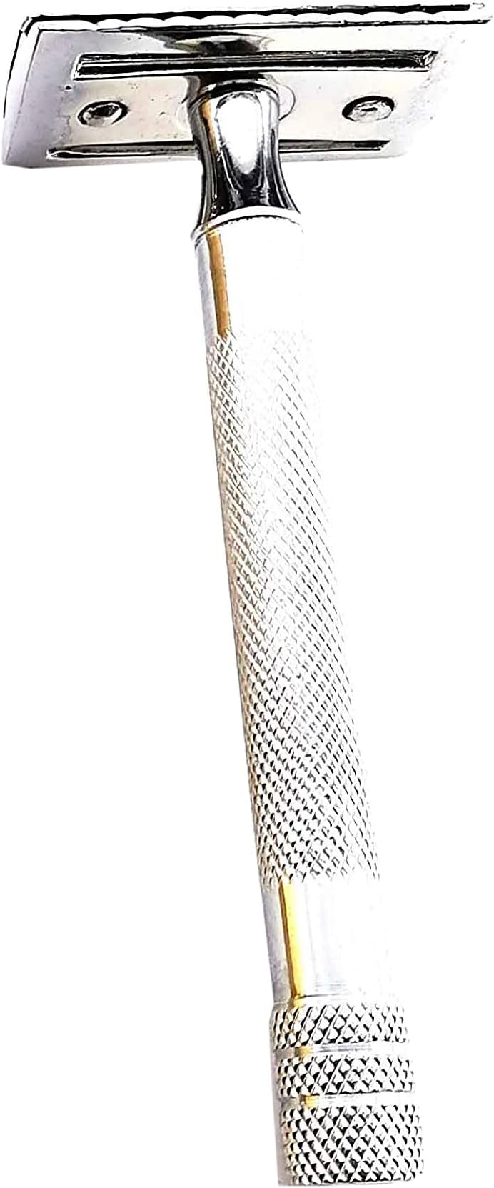 Amalines Semi-Slant Safety Razor All Shiny Chrome Finish Double Edge Razor Old School Shaver for Men Shaving Moustache & Beard - No Blades Included