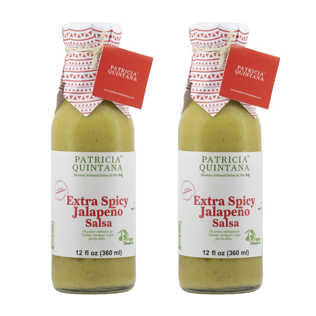 Patricia Quintana Extra spicy Jalapeño Salsa - Authentic Artisanal Mexican Ingredients - Perfect topping to your tacos, burritos, enchiladas or other favorite food (12 oz, 2 Bottles)