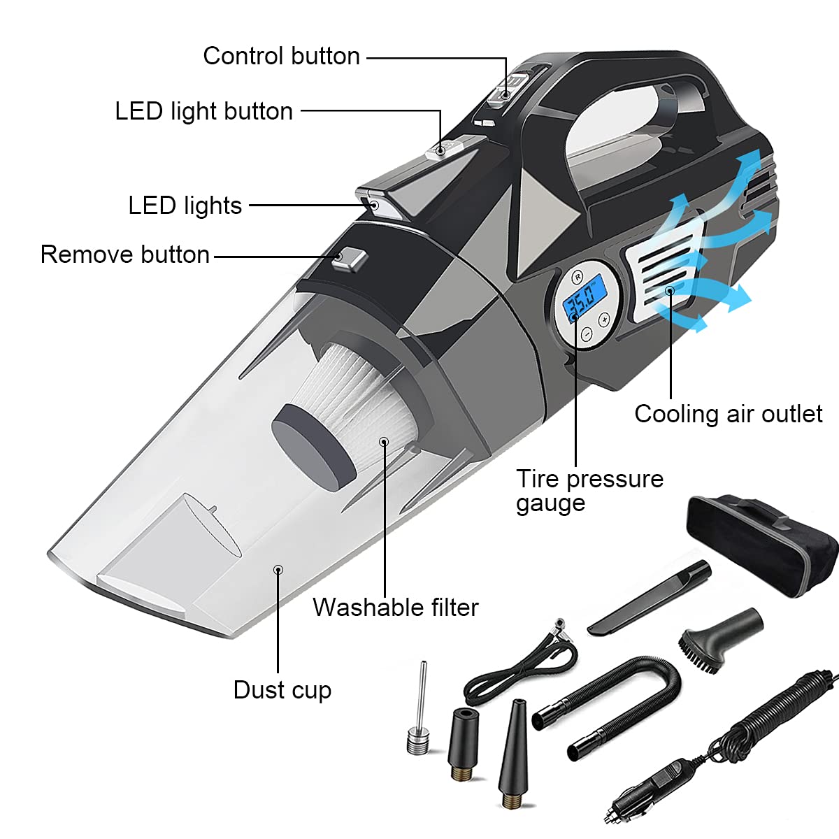BYGD 4 en 1 aspiradora portátil para automóviles pequeños, 120w / 5500pa / DC 12v / 15ft compresor portátil de Aire para automóviles Secos y húmedos