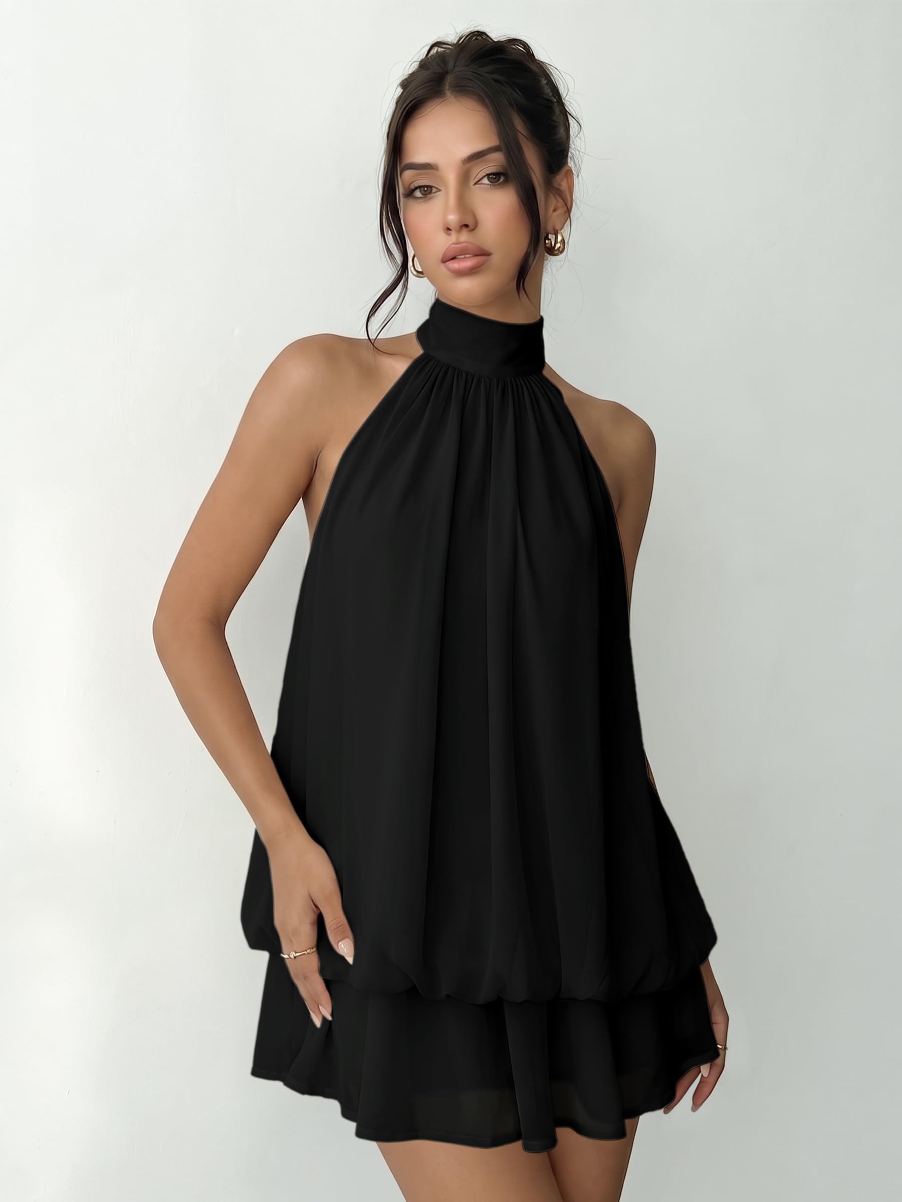 Vestito Donna Elegante Senza Maniche Mini Abito con Scollo Halter e Volant Estivo Vestiti Ampio in Chiffon Sexy Abiti Schiena Scoperta con Laccio Vestito Corto per Festa Discoteca Cocktail